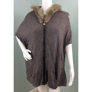 NWT Women's Anne Klein Hooded Zip Up Faux Leather Trim Poncho Sweater Sz Large